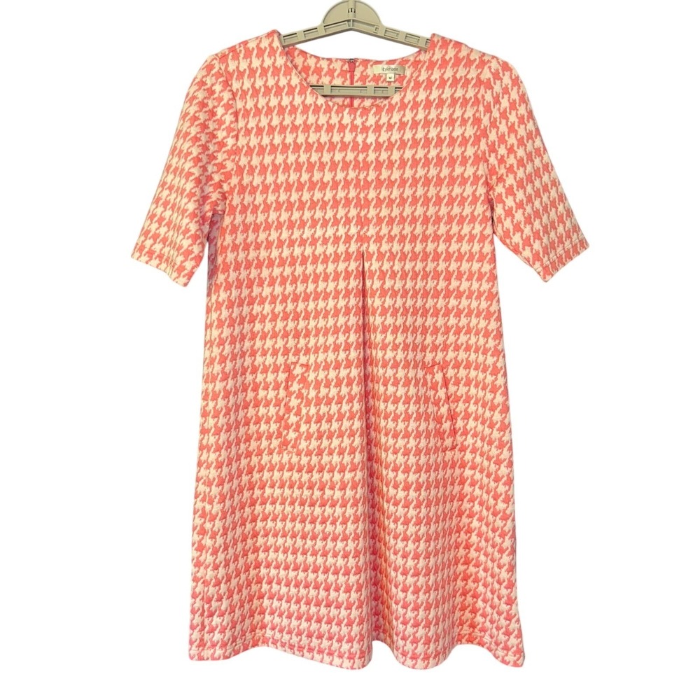 Pink Geometric Shift Dress Medium Mod Preppy Pocket Spring Houndstooth Pockets